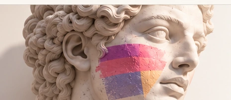 Ilustración conceptual de escultura clásica con franjas de color que evocan la diversidad