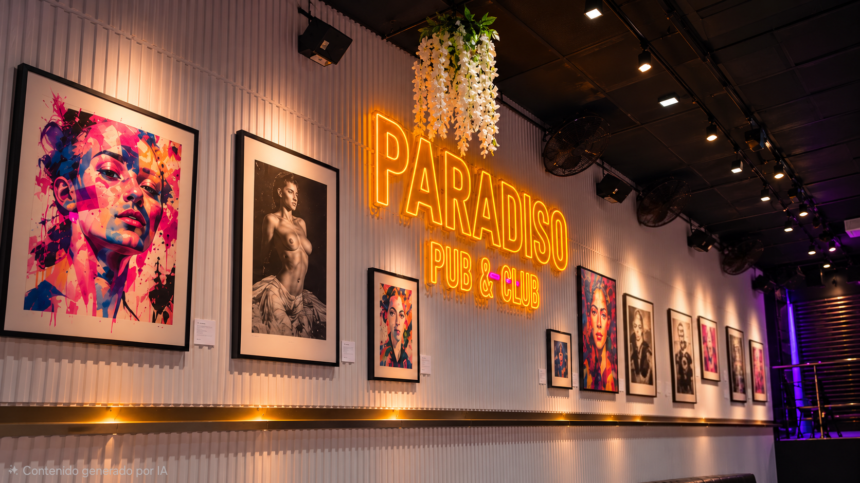 Simulación artística de exposiciones sobre la pared blanca del local Paradiso, con su rótulo luminoso